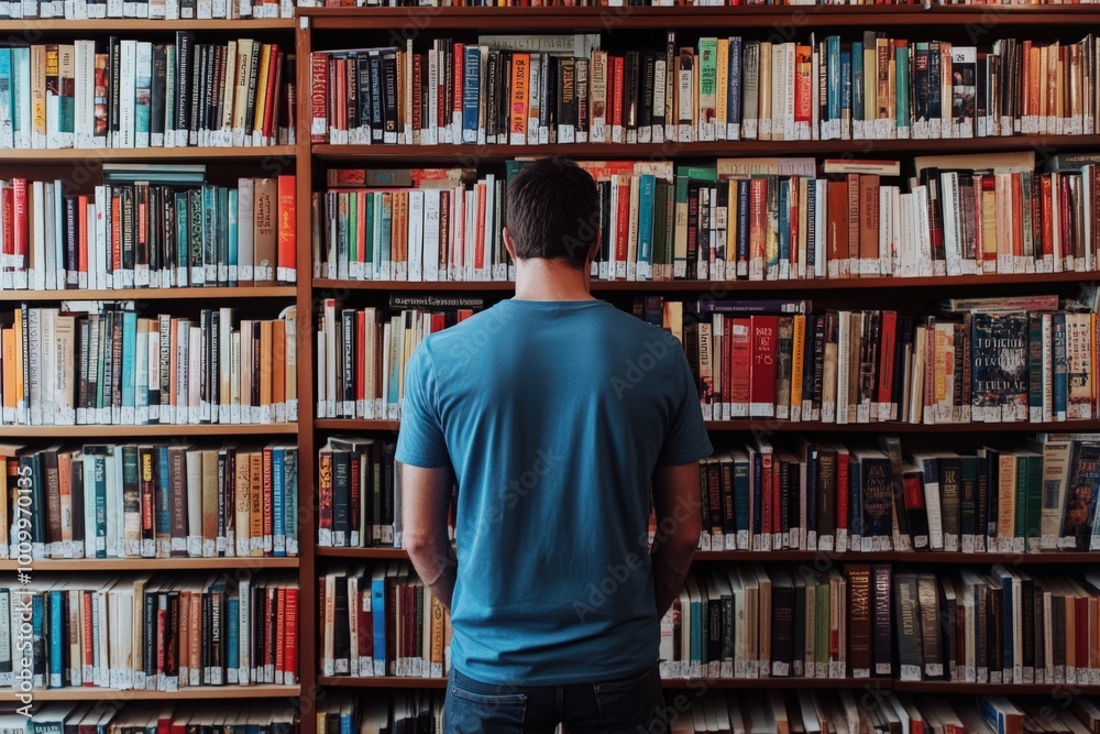 A man stands in front of a bookcase with a blue shirt on, generative ai image A man stands in front of a bookcase with a blue shirt on, generative ai image