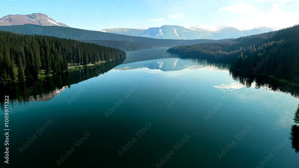 4K Drone View of Serene Mountain Lake with Forest and Snowy Peaks – Calm Waters 4K Drone View of Serene Mountain Lake with Forest and Snowy Peaks – Calm Waters