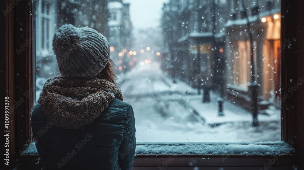 In a cozy indoor setting, a person stares out of a frosted window as soft snowflakes fall gently onto the street, creating a serene winter atmosphere In a cozy indoor setting, a person stares out of a frosted window as soft snowflakes fall gently onto the street, creating a serene winter atmosphere