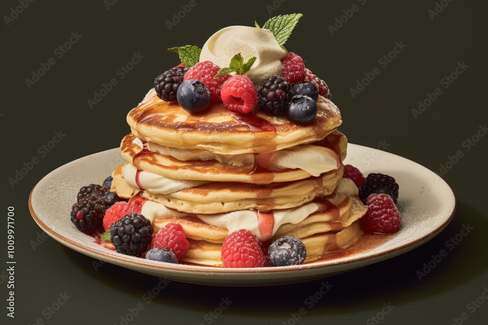 Stack of Fluffy Pancakes Topped with Whipped Cream and Fresh Berries Stack of Fluffy Pancakes Topped with Whipped Cream and Fresh Berries