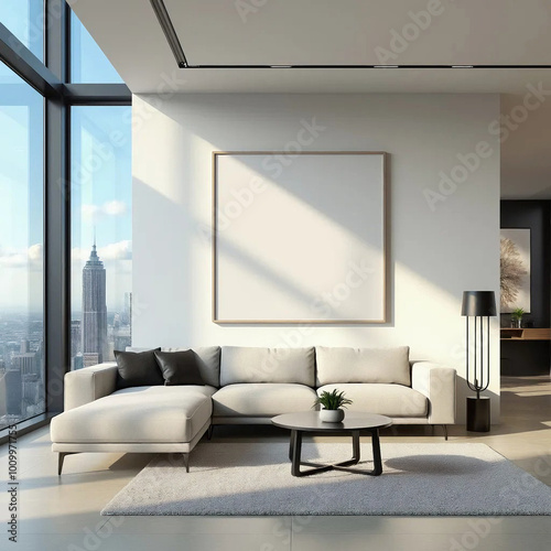 A modern living room with a sleek sectional sofa and a panoramic city view. The space features minimalist decor and abundant natural light.