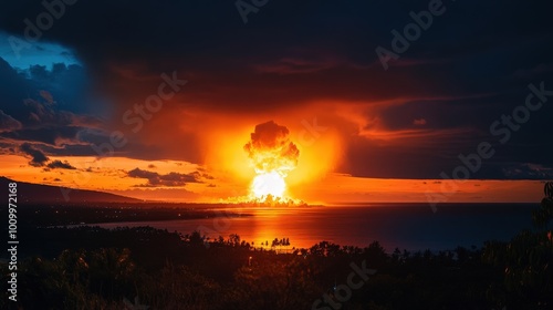 A massive nuclear explosion erupts on the horizon, casting a bright orange glow against the darkening sky. The surrounding landscape is silhouetted by the intense light, reflecting on the water