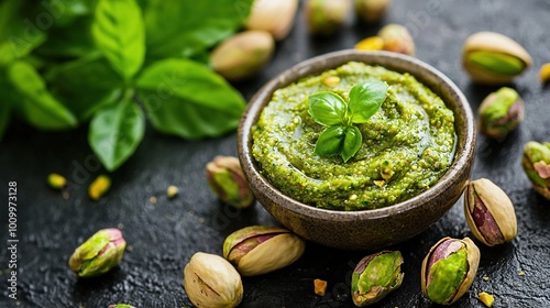   A bowl of pesto with pistachios surrounding it