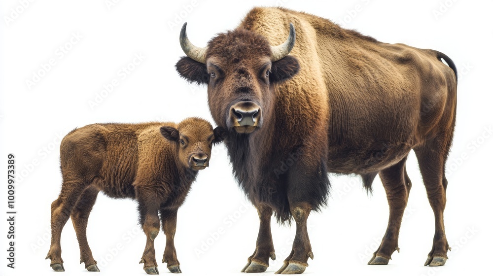 young European bison, with soft fur and budding horns, stands close to its protective mother, showcasing their bond against a clean white backdrop. young European bison, with soft fur and budding horns, stands close to its protective mother, showcasing their bond against a clean white backdrop.
