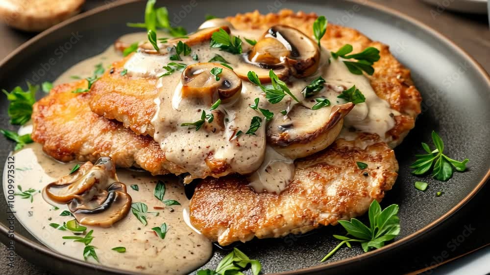 A delicious plate of breaded chicken topped with creamy mushroom sauce and garnished with herbs. A delicious plate of breaded chicken topped with creamy mushroom sauce and garnished with herbs.