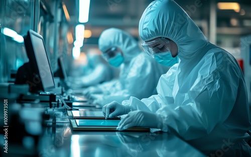 Electronics Factory Two Technicians in Sterile Suits Removing Silicon Wafer, Semiconductor Production in Clean Environment