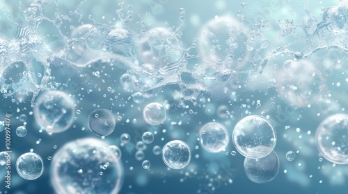 This image features bubbles floating in clear blue water, with light reflections creating an ethereal and calming effect, emphasizing the purity and fluidity of water.