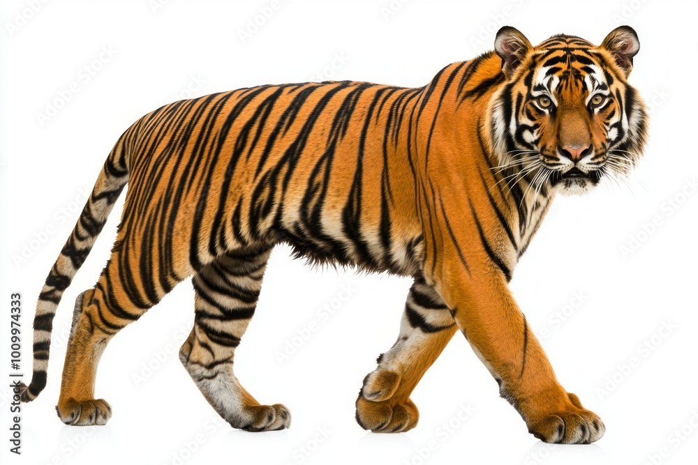 stunning Bengal tiger moves gracefully, showcasing its vibrant fur and powerful presence while being completely isolated on a crisp, white backdrop. stunning Bengal tiger moves gracefully, showcasing its vibrant fur and powerful presence while being completely isolated on a crisp, white backdrop.