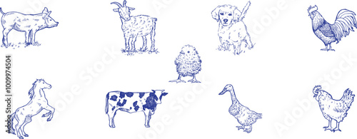 Hand drawn set farm domestic animal, horse, cow, bird. Doodle sketch style. photo