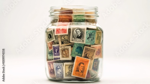 
A glass jar filled with colorful rare postage stamps, displayed against a white background
