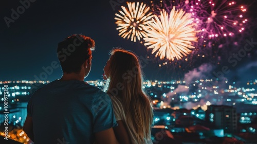 Young Couple Watching Fireworks at Night