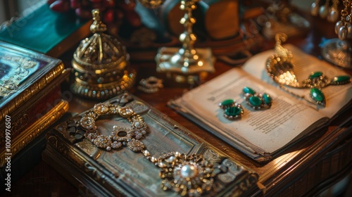 An opulent display of antique jewelry and ornate accessories arranged on a wooden table, showcasing intricate designs and luxurious pieces that evoke a sense of timeless elegance.