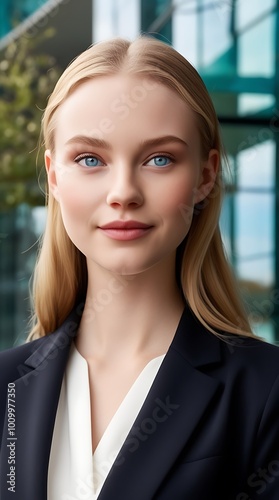 Portrait of a beautiful blonde caucasian european woman in suit outdoors with a blurry business center in backdrop (11)