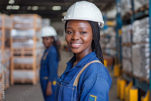 Two women in hard hats and blue overalls smile in a warehouse setting.