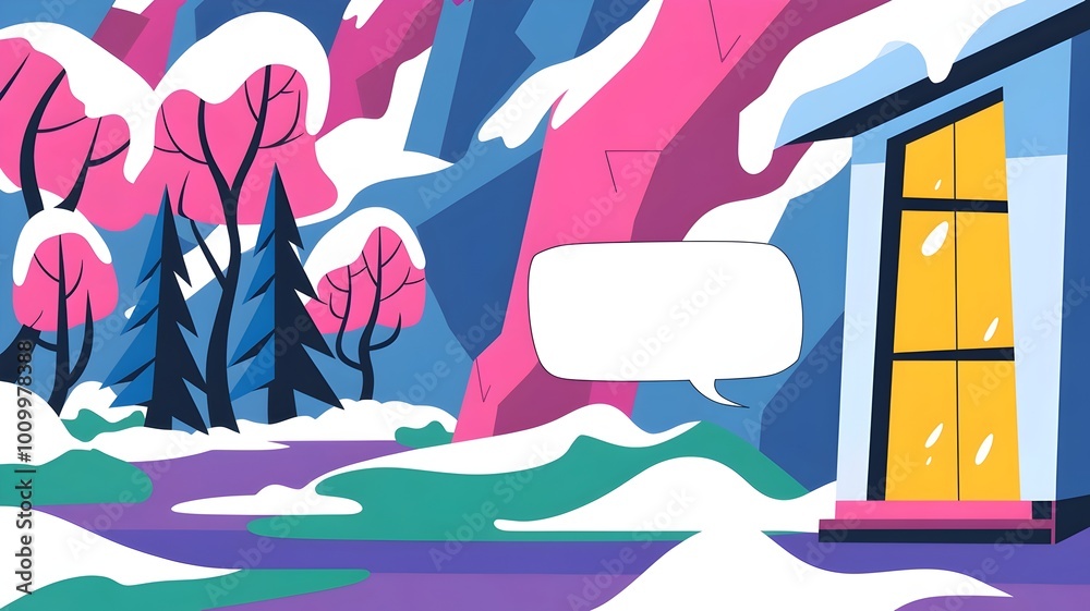 Fototapeta premium Winter landscape with empty speech bubble and colorful snow-covered ground in pastel colors