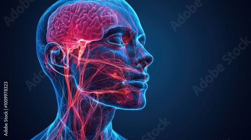 A digital representation of a human head showcasing the brain and vascular system.