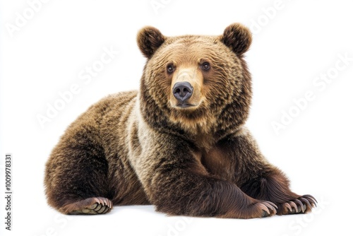 stunning brown bear showcases its thick fur while sitting calmly, its paws resting on the ground, embodying tranquility and strength in isolation.