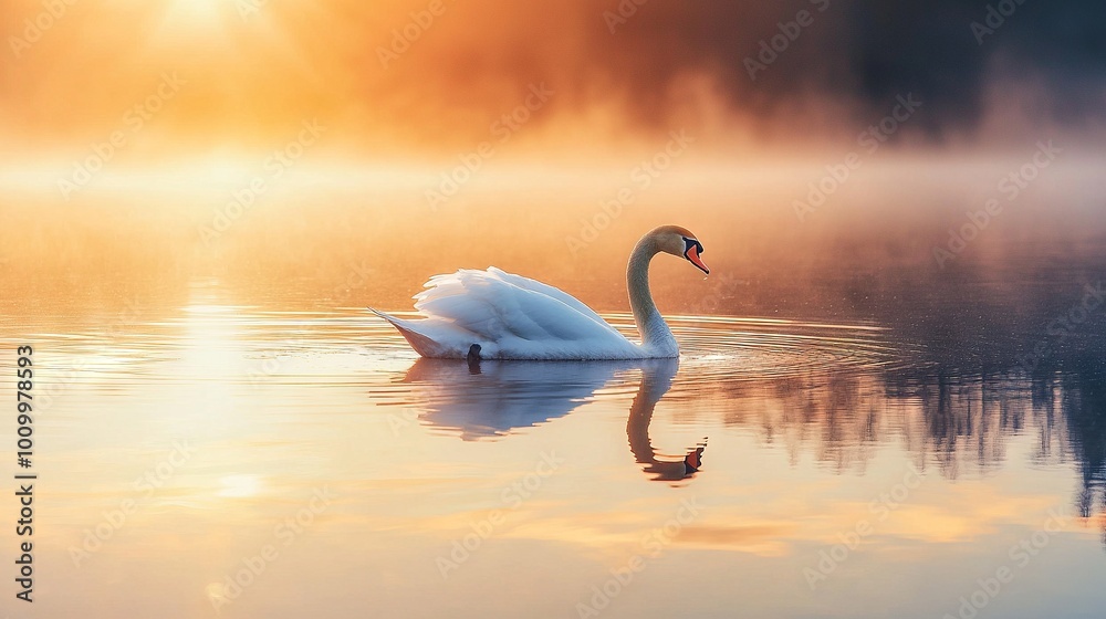 Obraz premium White swan glides atop lake, surrounded by trees on foggy day