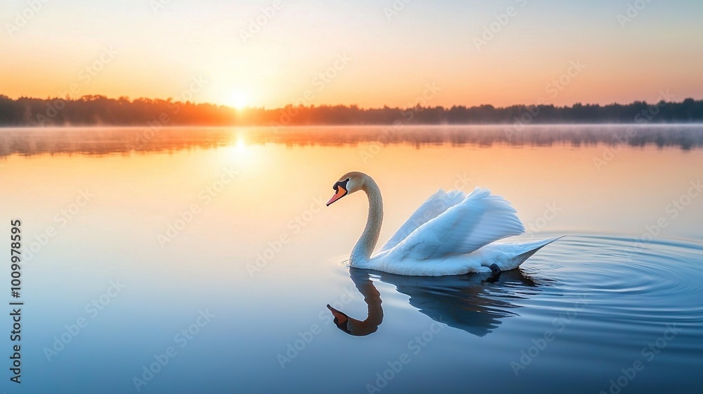 Fototapeta premium A swan gracefully glides through the lake at sunset or dawn, with the golden rays of sunlight shimmering off the water and casting a warm glow on the surrounding trees