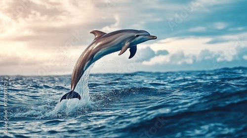  A dolphin leaps from the sea against a cloudy sky in the photo