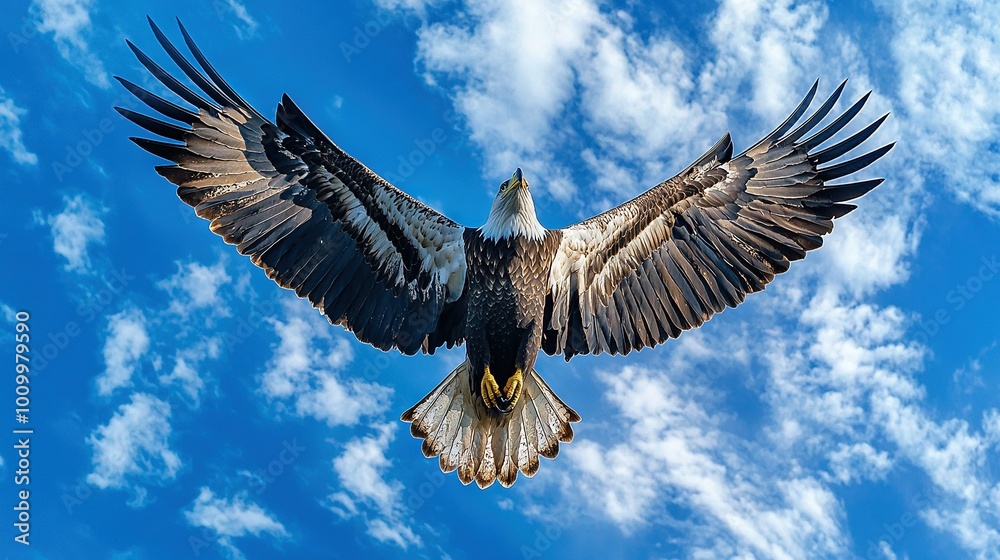 Obraz premium A bird with wide-open wings soars through the blue sky with white clouds in the background