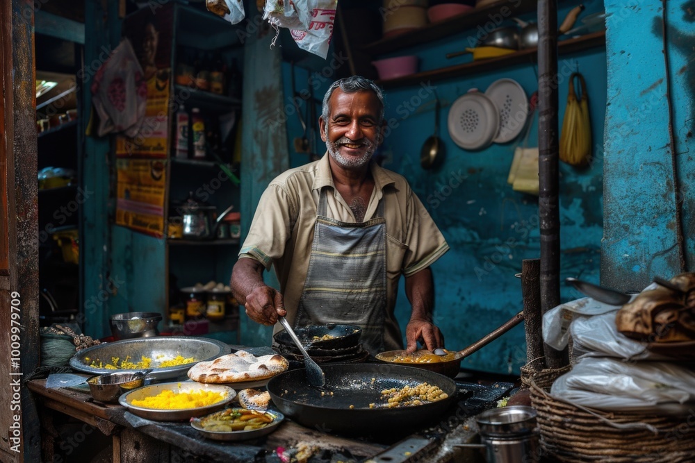 A man is smiling while cooking food in a kitchen, generative ai image A man is smiling while cooking food in a kitchen, generative ai image
