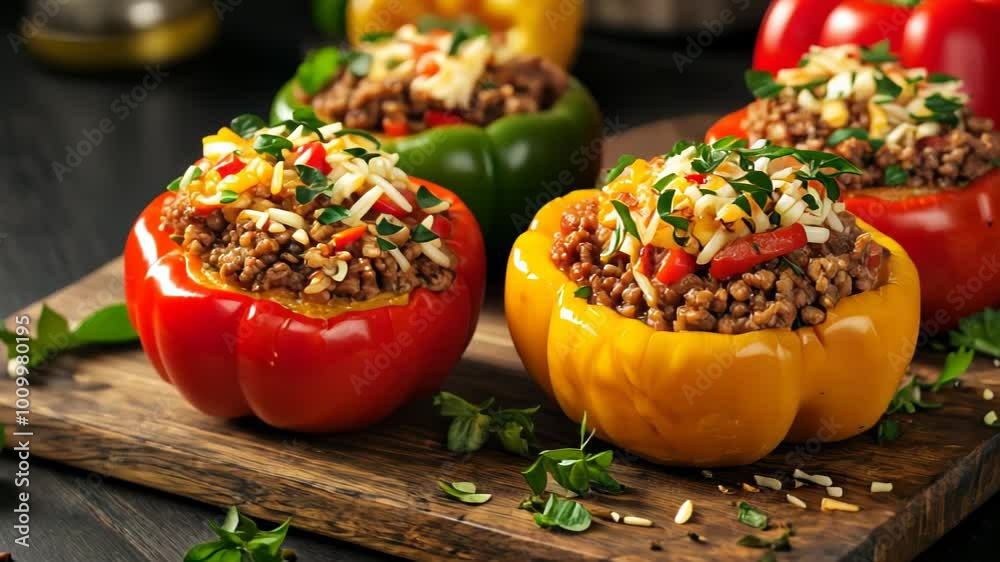 Colorful stuffed bell peppers filled with meat and rice, garnished with herbs.
