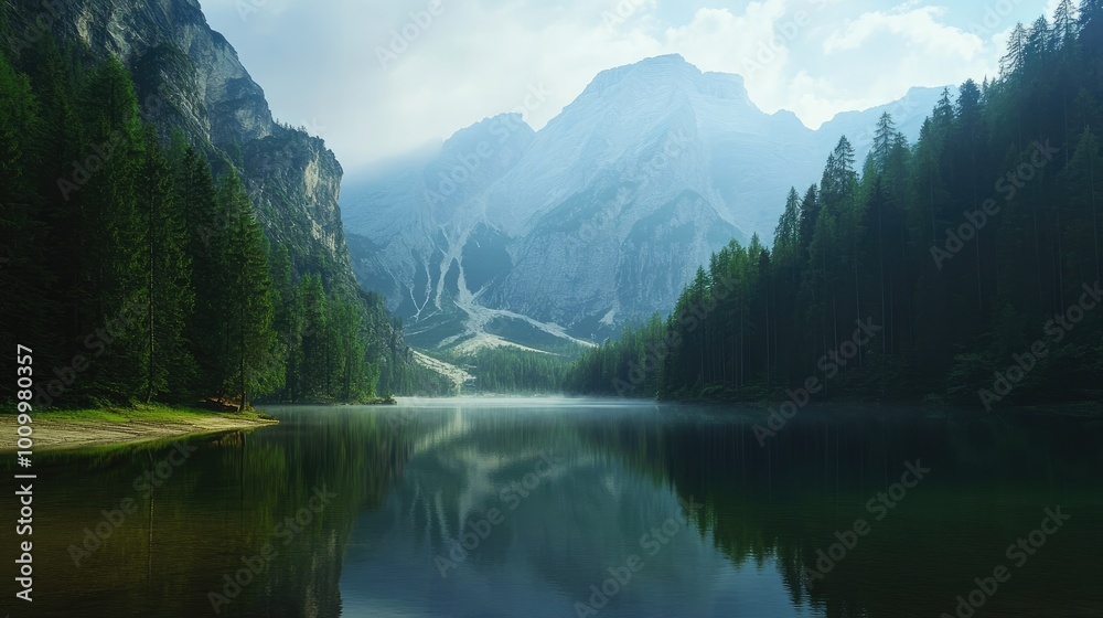 A tranquil mountain lake surrounded by towering pines and mist-covered peaks. A tranquil mountain lake surrounded by towering pines and mist-covered peaks.