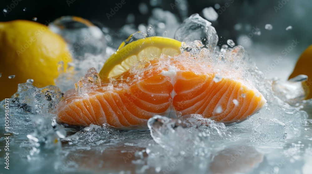 A fresh salmon fillet with a lemon slice, surrounded by ice and water droplets. A fresh salmon fillet with a lemon slice, surrounded by ice and water droplets.