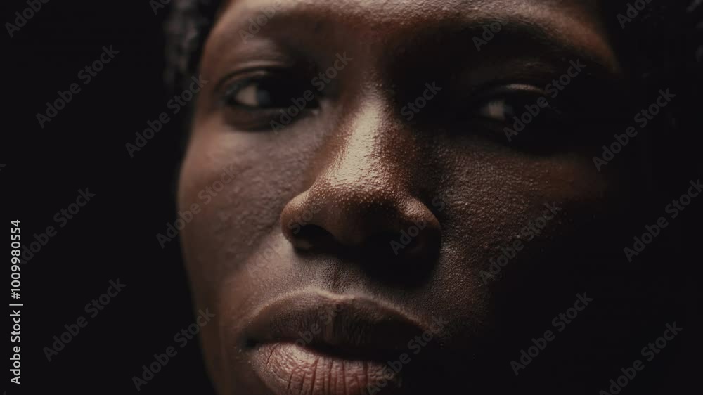 Young Black man looking pensively to camera against dark backdrop in studio. Video portrait, close-up shot Young Black man looking pensively to camera against dark backdrop in studio. Video portrait, close-up shot