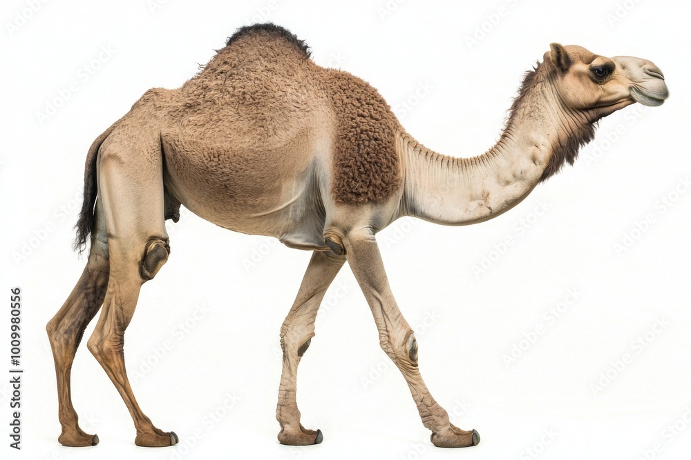 striking dromedary camel is captured in mid-stride, its elegant form emphasized by the clear white background striking dromedary camel is captured in mid-stride, its elegant form emphasized by the clear white background