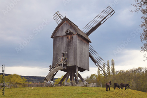 A historical wooden windmill located in the open-air museum Hessenpark, Hesse, Germany. The rustic windmill stands on a grassy hill, surrounded by a wooden fence, with donkeys grazing nearby 