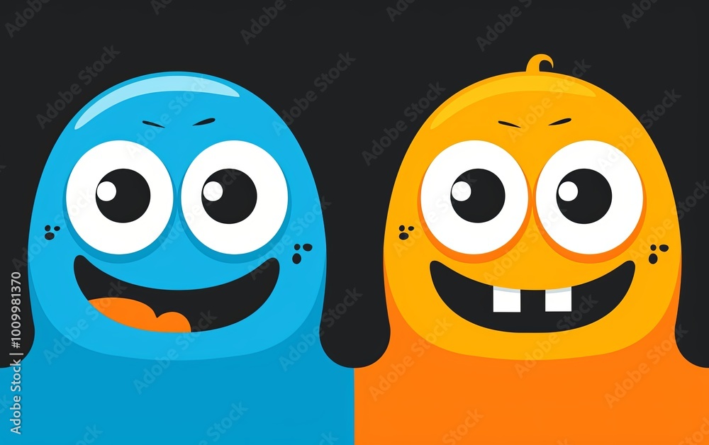 Fototapeta premium Two cartoon monsters with big eyes and big smiles full of teeth. Imitation of a painted picture. Illustration for banner, poster, cover, brochure or presentation.