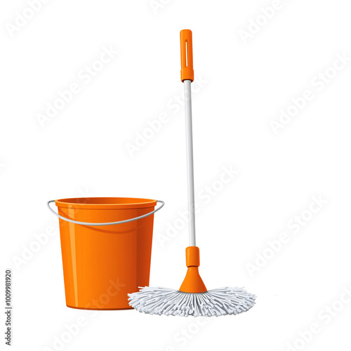 Orange cleaning mop and bucket, white isolate background