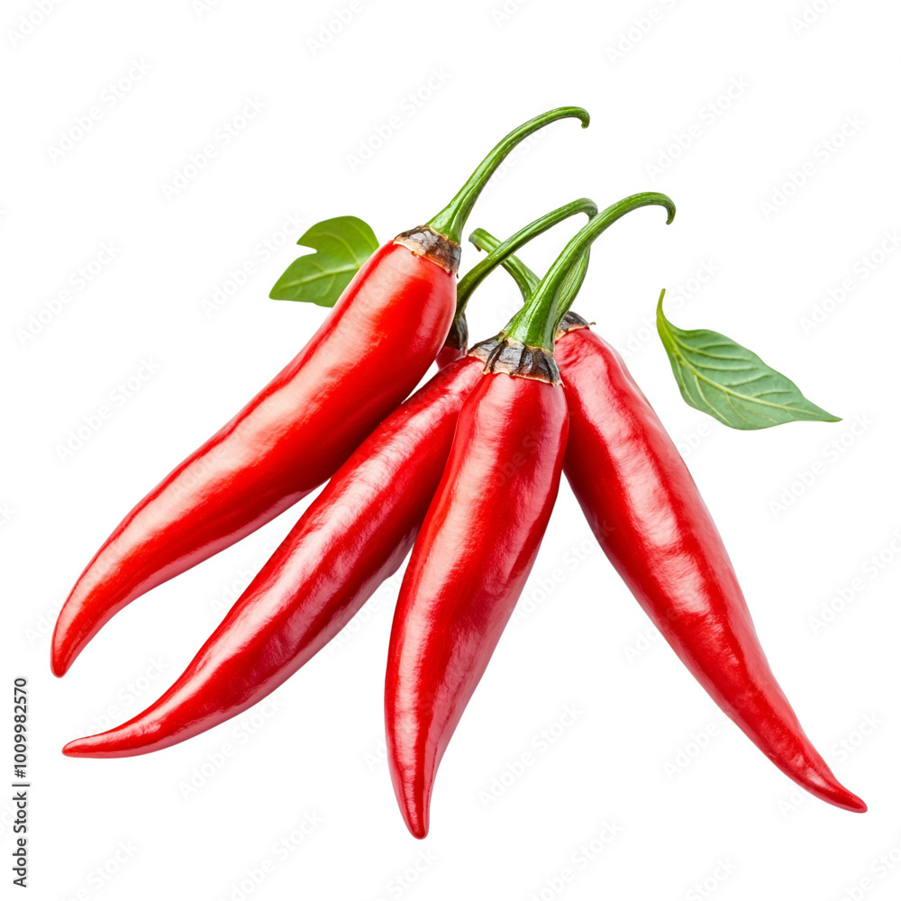 Red chili peppers with green leaves on a white isolated background. Red chili peppers with green leaves on a white isolated background.