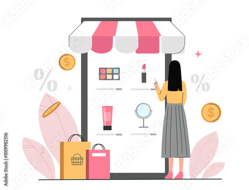 Woman buy cosmetics online. Young girl with smartphone. Electronic commerce and home delivery. Marketing and ecommerce. Palettes and lipstick. Flat vector illustration isolated on white background