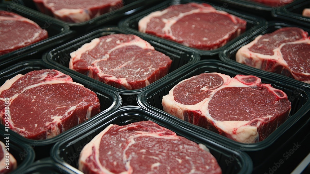 Close-up of raw beef steaks in black plastic packaging Close-up of raw beef steaks in black plastic packaging