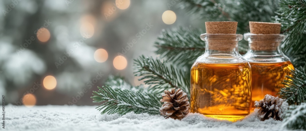Glass bottles of essential oil on snowy table Glass bottles of essential oil on snowy table