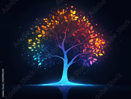 glowing electric oak tree with rainbow fluorescent colorful neon lights foliage on a black background logo icon