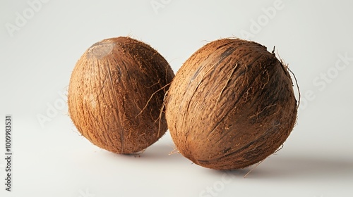 Two coconuts placed on a light background, showcasing their natural texture and shape.