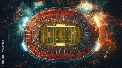 Aerial view of packed stadium. Perfect for sports, entertainment, or crowd imagery.