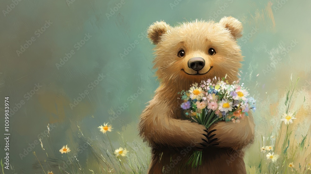 Adorable Teddy Bear Holding a Bouquet of Wildflowers Adorable Teddy Bear Holding a Bouquet of Wildflowers