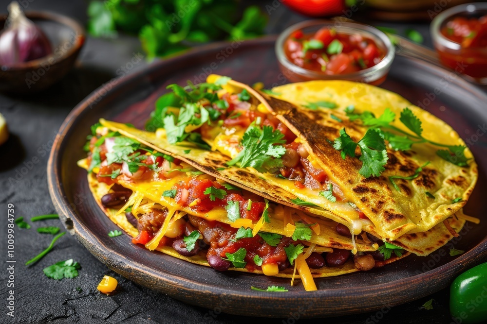 A plate of food with three tacos on it and a bowl of salsa, generative ai image A plate of food with three tacos on it and a bowl of salsa, generative ai image