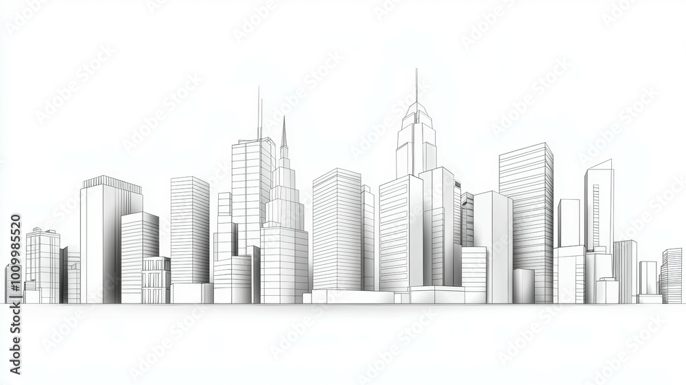 A city skyline is shown in white with buildings of varying heights