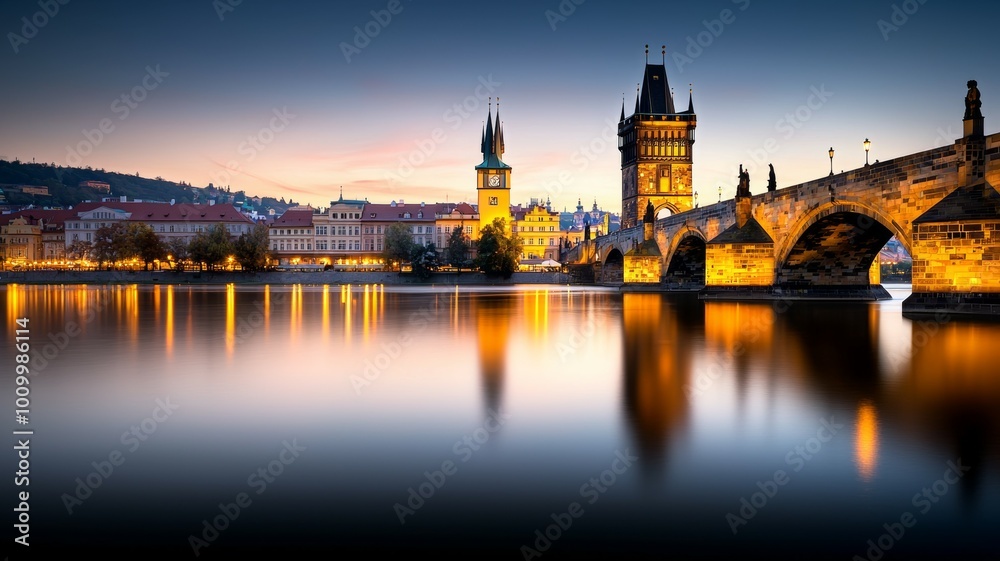 A bridge spans a river in the city of Prague A bridge spans a river in the city of Prague