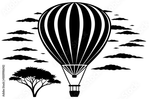 Air balloon, with its burner burning, travelling over the scenic Serengeti.
