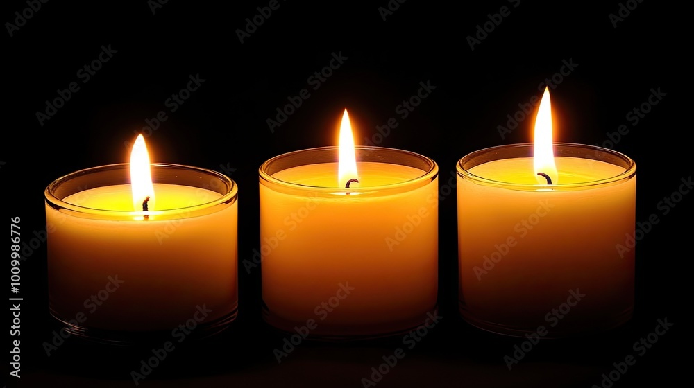 Three candles lit in the dark. A photo of candles to symbolize hope, remembrance, or a peaceful moment. Three candles lit in the dark. A photo of candles to symbolize hope, remembrance, or a peaceful moment.