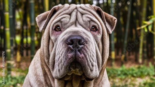 Close-up of a Shar Pei's wrinkled face, capturing its texture and soulful eyes, with bamboo forest.