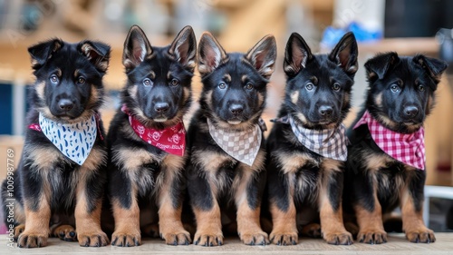 Close-up of German Shepherd puppies with different patterned bandanas. photo