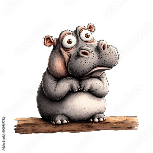 Cute cartoon hippo with a sad expression, white isolate background. photo